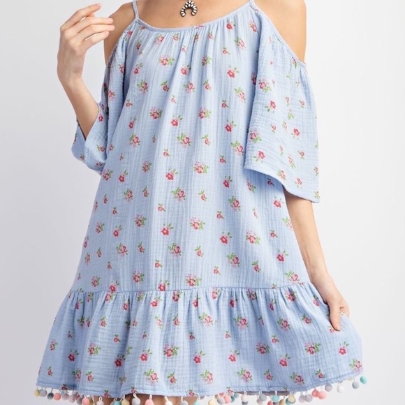 New Easel Cold Shoulder Dress Pom Pom Trim Ruffle Gauze Blue Floral Pockets - Picture 6 of 12